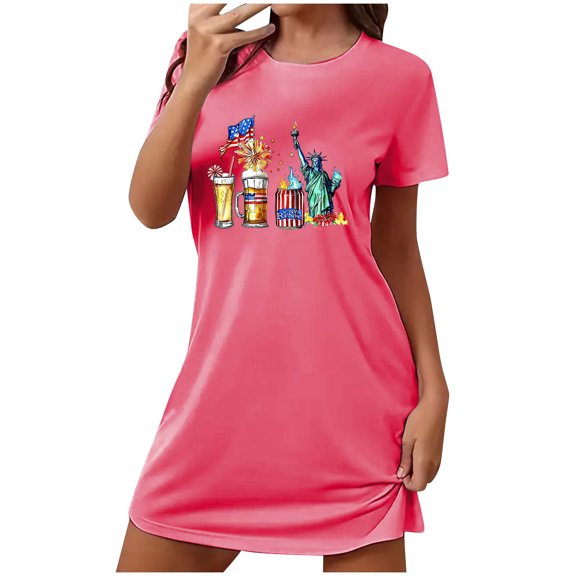 Honeeladyy Patriotic T-Shirts for Women's Oversized Short Nightgown Fashion Chest Print Short Sleeve Nightdress Gifts for Family(Hot Pink,L)