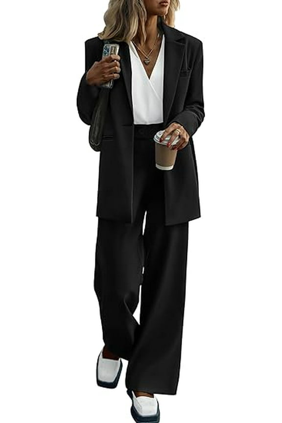 Women's Fall Two Piece Outfits Dressy Blazer Jacket and Wide Leg Pants Pockets Business Casual Office Suit Sets