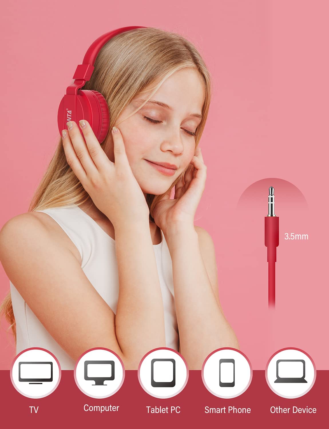 ONTA Kids Wired On-Ear Headphones, Red photo 3