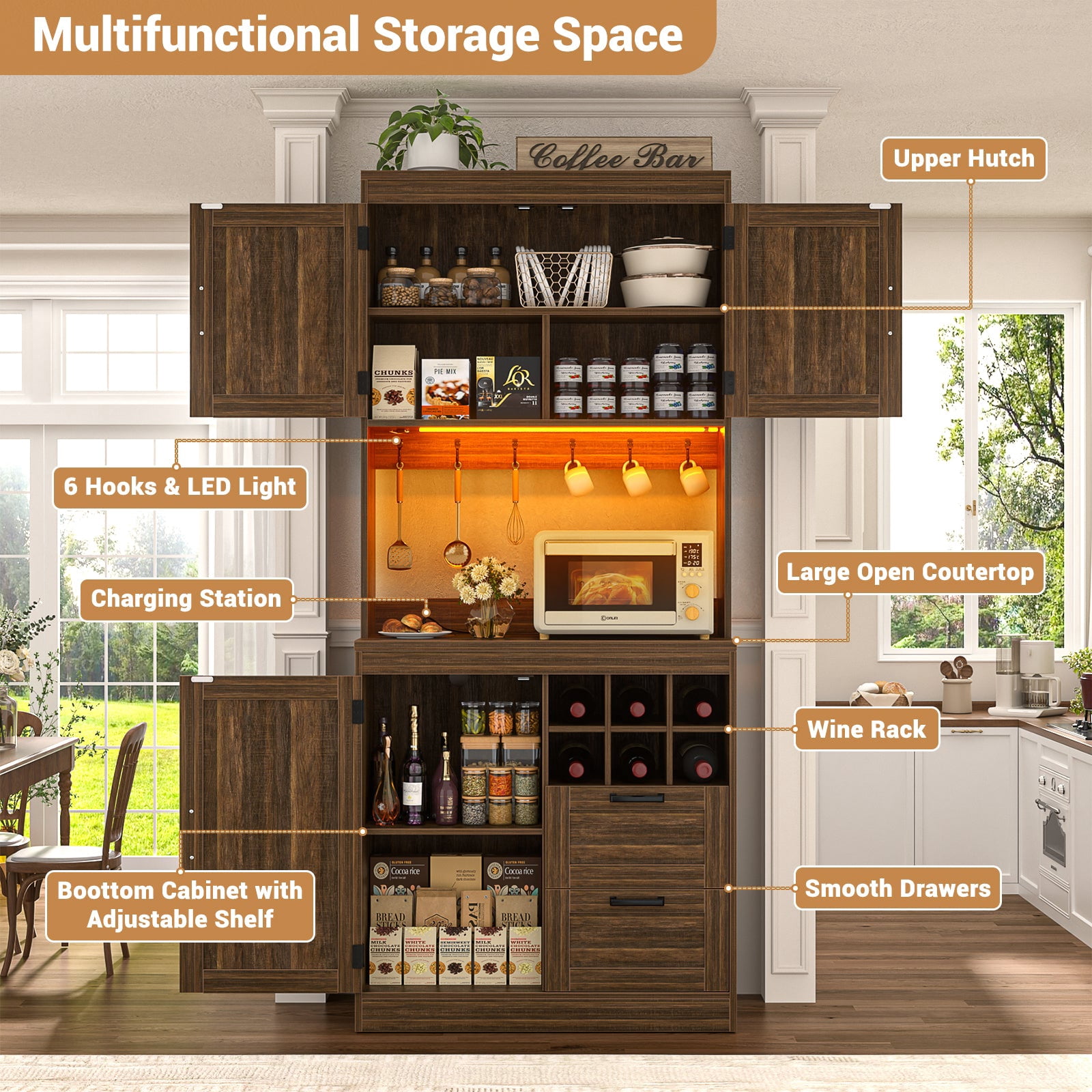 Homieasy 72'' Tall Pantry Cabinet with 2 Drawers and Doors, Farmhouse Kitchen Cupboard with Power Outlets and Lights, Weathered Brown