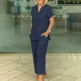 thumbnail image 2 of Dazajoo Women's Summer 2 Piece Outfits Short Sleeve V Neck Wide Leg Pants Suits Side Button Solid Business Matching Sets,Navy,XXL, 2 of 7