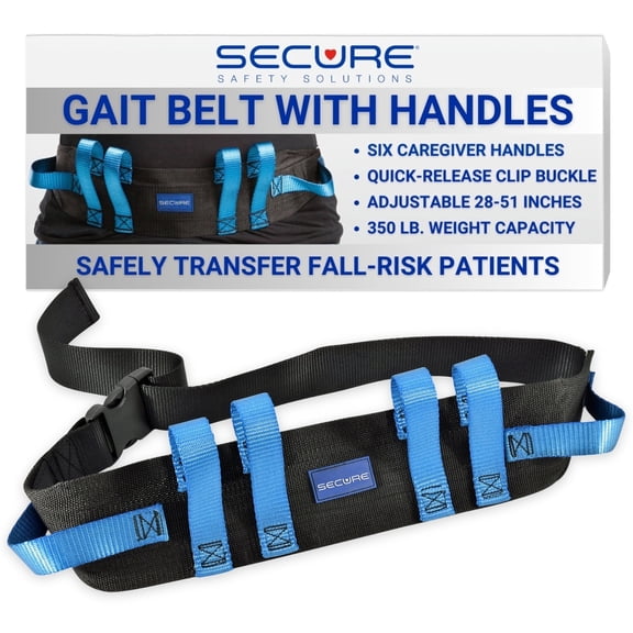 Secure Safety Solutions Gait Belt with Handles for Seniors, Clip Buckle, 52"x4", Black - Transfer Gate Belts for Lifting Elderly, Physical Therapy Sit to Stand Patient Lift Aid, Nursing Students