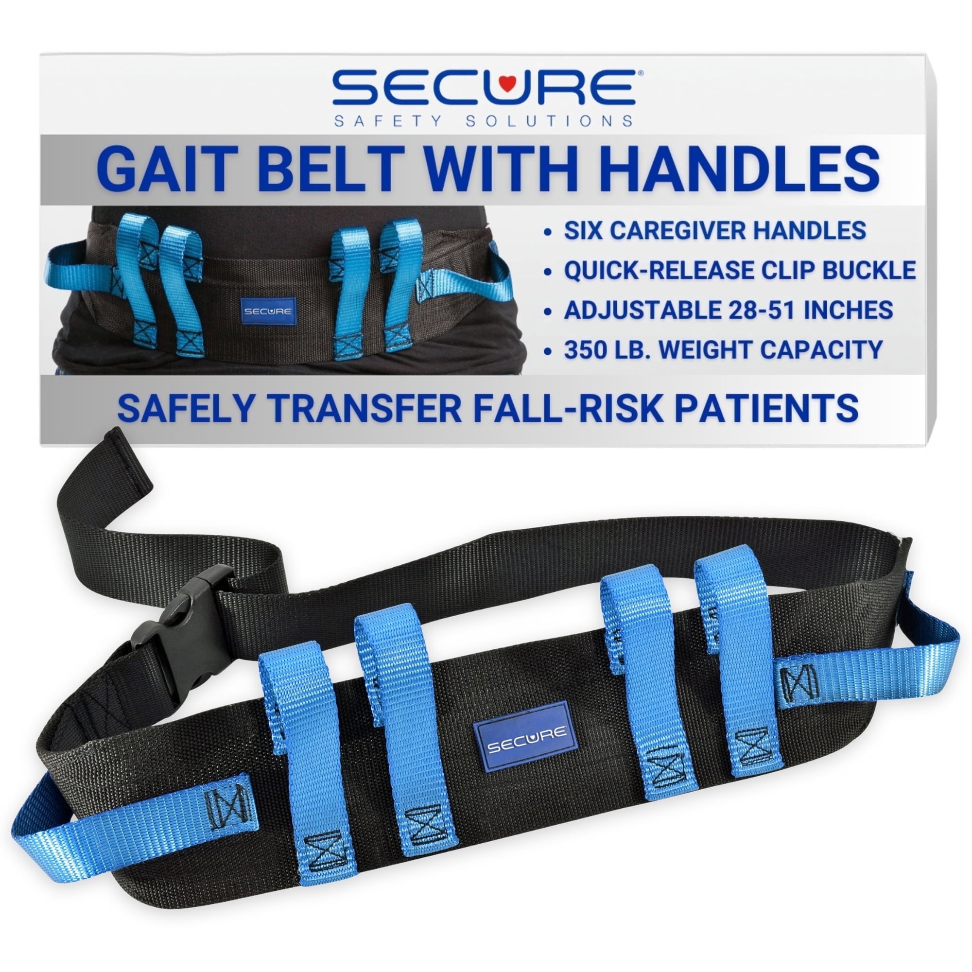 Secure Safety Solutions Gait Belt with Handles for Seniors, Clip Buckle, 52"x4", Black - Transfer Gate Belts for Lifting Elderly, Physical Therapy Sit to Stand Patient Lift Aid, Nursing Students