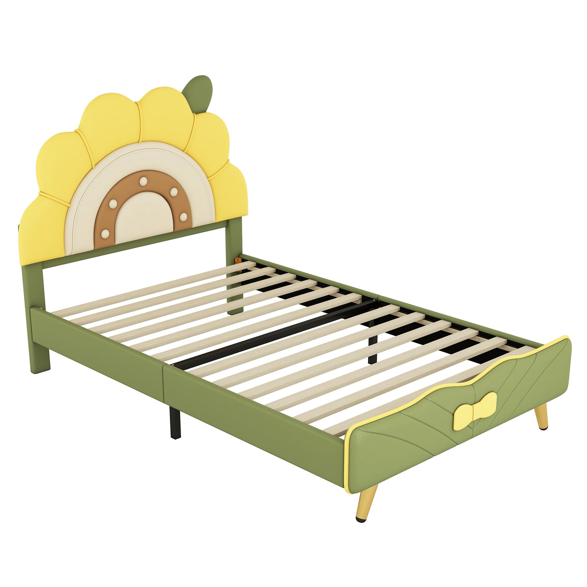 Aukfa Twin Upholstered Bed Frame, Cartoon Bed with Sunflower Shape Headboard for Kids, Green