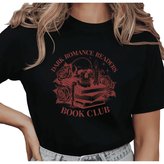Women's Vintage "Dark Romance Readers Book Club" Skull Books Graphic Comfortable T Shirt Short Sleeve Round Neck Top Black S-5XL