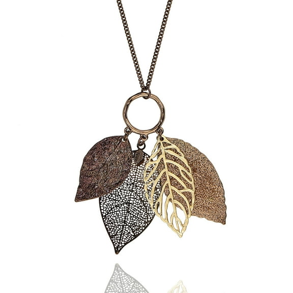 Pomina Gold Silver Two Tone Filigree Fall Leaf Pendant Long Necklace Chic Pendant Long Chain Necklace for Women (Choco Gold)