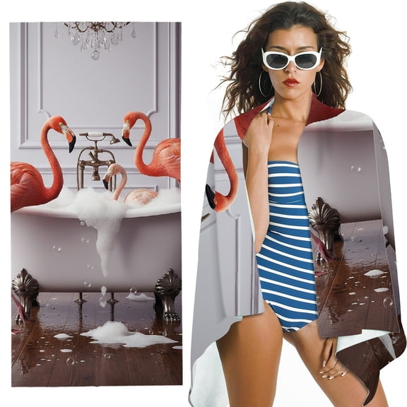RKSupls Cute Flamingos Chic Toilet Bathub Oversized Microfiber Beach Towel, Ultra-Soft Microfiber for Bathroom, beach, Soft Super Absorbent- 30x60 in