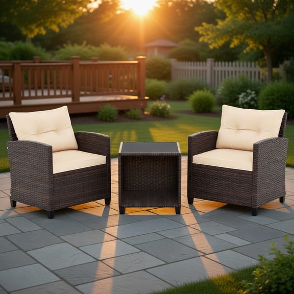 GVN Outdoor Conversation Sets,Patio Furniture Sets,3 Piece Patio Sofa Set Wicker Chairs and Coffee Table with Storage-Beige