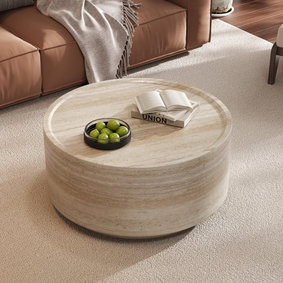 Euroco 27.5" Round Coffee Table with Faux Luxury Marble Look, Drum Small Center Table With Strong Structure, Minimalist Mars Pattern End Table for Living Room, Bedroom