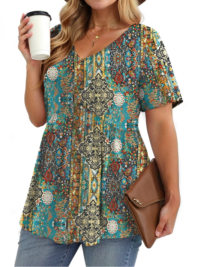 WellSize Plus Size Women Tops Casual V Neck Blouses Summer Short Sleeve ...