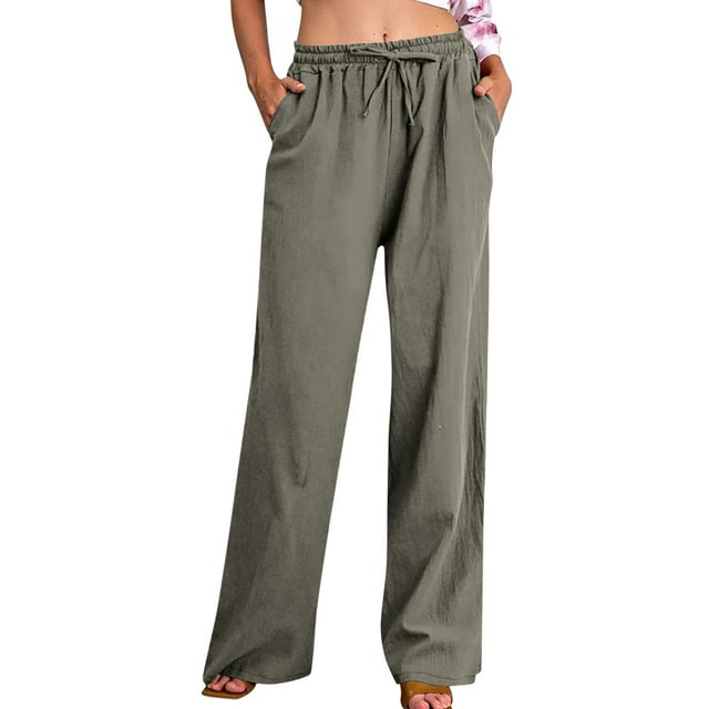 FNFYFH Clearance Womens Wide Leg Pants with Pockets Drawstring Cotton Linen Pant Solid Palazzo Trousers,Yellow