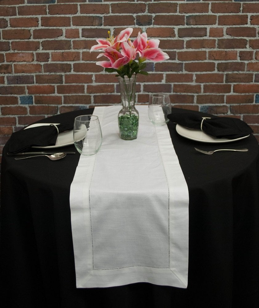 CleverDelights White Hemstitched Table Runner 16 x 108-45//55 Cotton Linen Blend