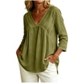 thumbnail image 2 of Neewe Women's Cotton Linen 3/4 Length Sleeve Tops V Neck Pleated T Shirts Loose Fit Blouses Casual Tees 2026 Fashion Clothes, 2 of 8
