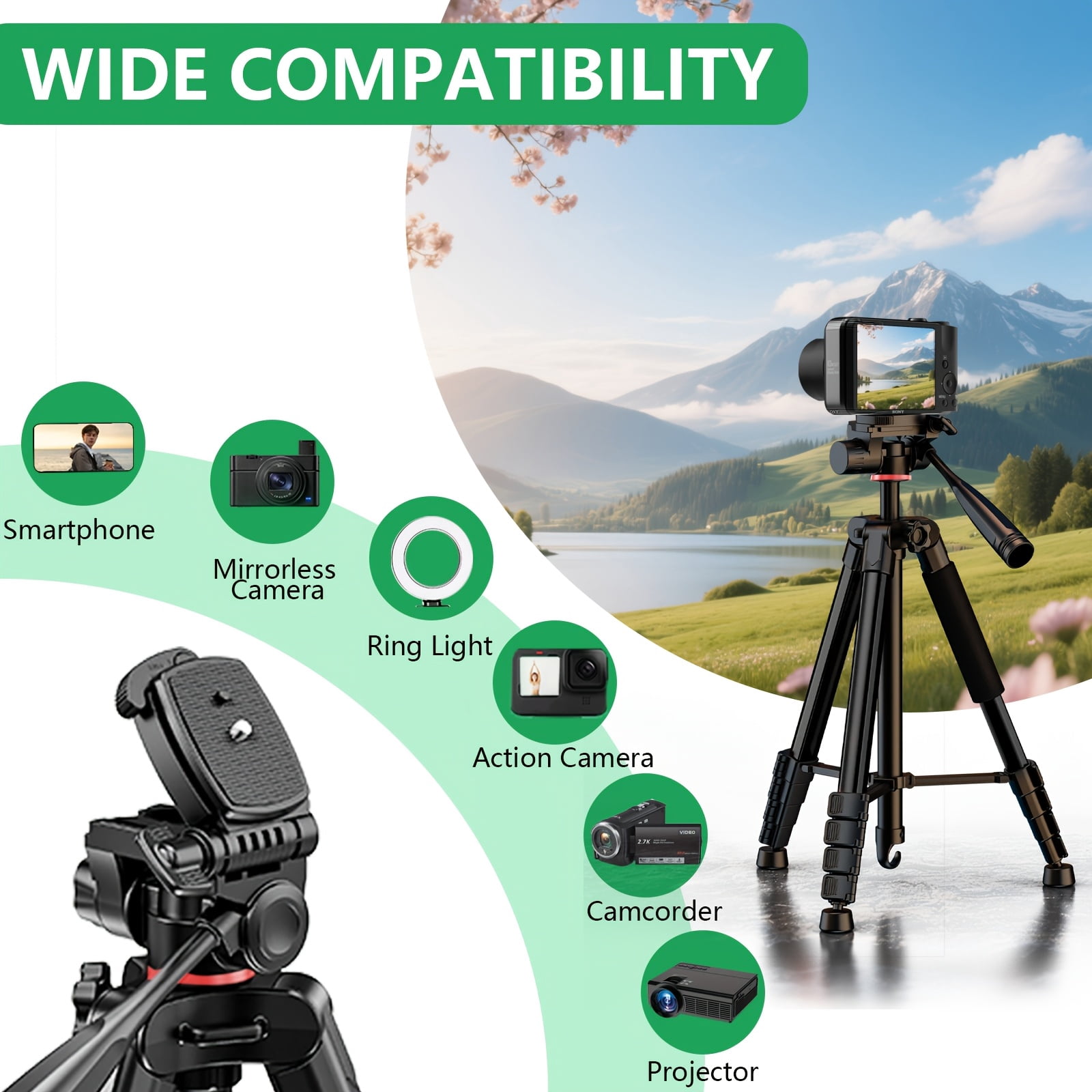 Professional 71-inch Aluminum Tripod with Quick Release Plate & Phone Clip for DSLR Cameras, Cell Phones, Projectors, Webcams - Ideal for Outdoor Shooting, Live Streaming, Video Recording