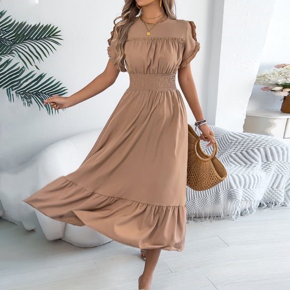 Bnwani Maxi Dresses for Women,Ladies Dresses,Crew Neck,Belted,Solid,Casual,Khaki,XL