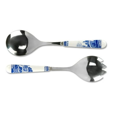 Portmeirion Spode Blue Italian Collection Salad Servers, 2 Piece Spoon and Fork Set, 10 Inch, Made of Porcelain and Stainless Steel, Italian Countryside Design - 2 Piece