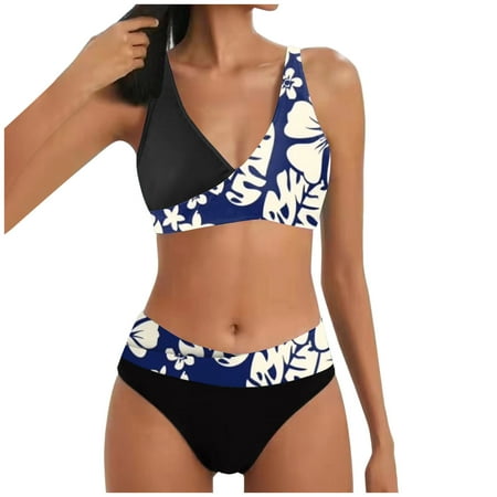 QYZEU Swimsuit for Women 2024 Tankini Two Piece Swim Bikini Shorts for Teens Women s Bikini Split Print Hot Push Up Bikini Swimsuit Womens Underwire Swimsuits Dark Blue XL
