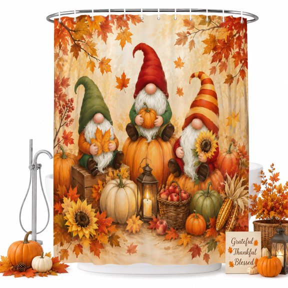 Gnomes Pumpkins Thanksgiving Shower Curtain, Waterproof Shower Curtains for Bathroom, Fall Leaves Botanical Floral Washable Fabric Bathtub Curtain Set Bath Decor with 12 Hooks 48"x72"