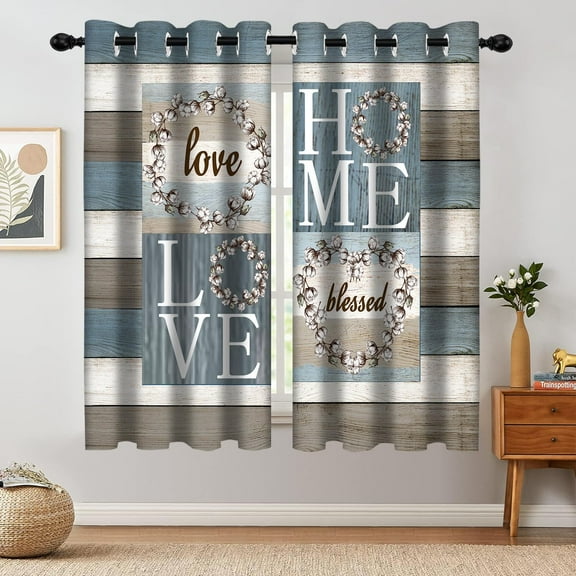 Rustic Floral Flower Sweet Love Home Blackout Curtains, Farmhouse Country Vintage Wood Plank Door Grommet Window Drapes for Living Room Bedroom Decor 2 Panels 52"x63" Inch