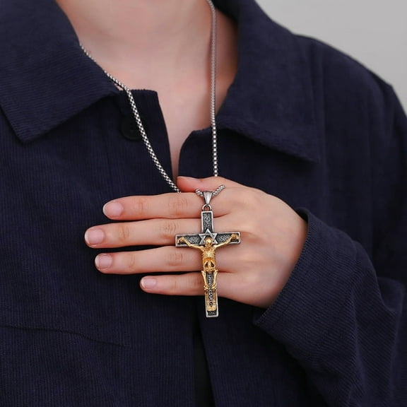 Jesus Cross Crucifix skeleton Pendant Necklace for Men 14K Yellow Gold Christian Jewelry