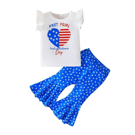 

4th of July Outfits Toddler Baby Girl Independence Day Clothes Ruffled American Printed Top Bell Bottom Summer Clothes