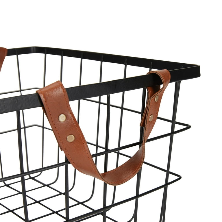 2pcs Metal Iron Wire Basket Wood Handle Shelf Storage Box Pantry