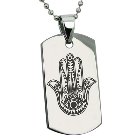 Tioneer Stainless Steel Evil Eye Hamsa Hand of Fatima Engraved Dog Tag Pendant Necklace