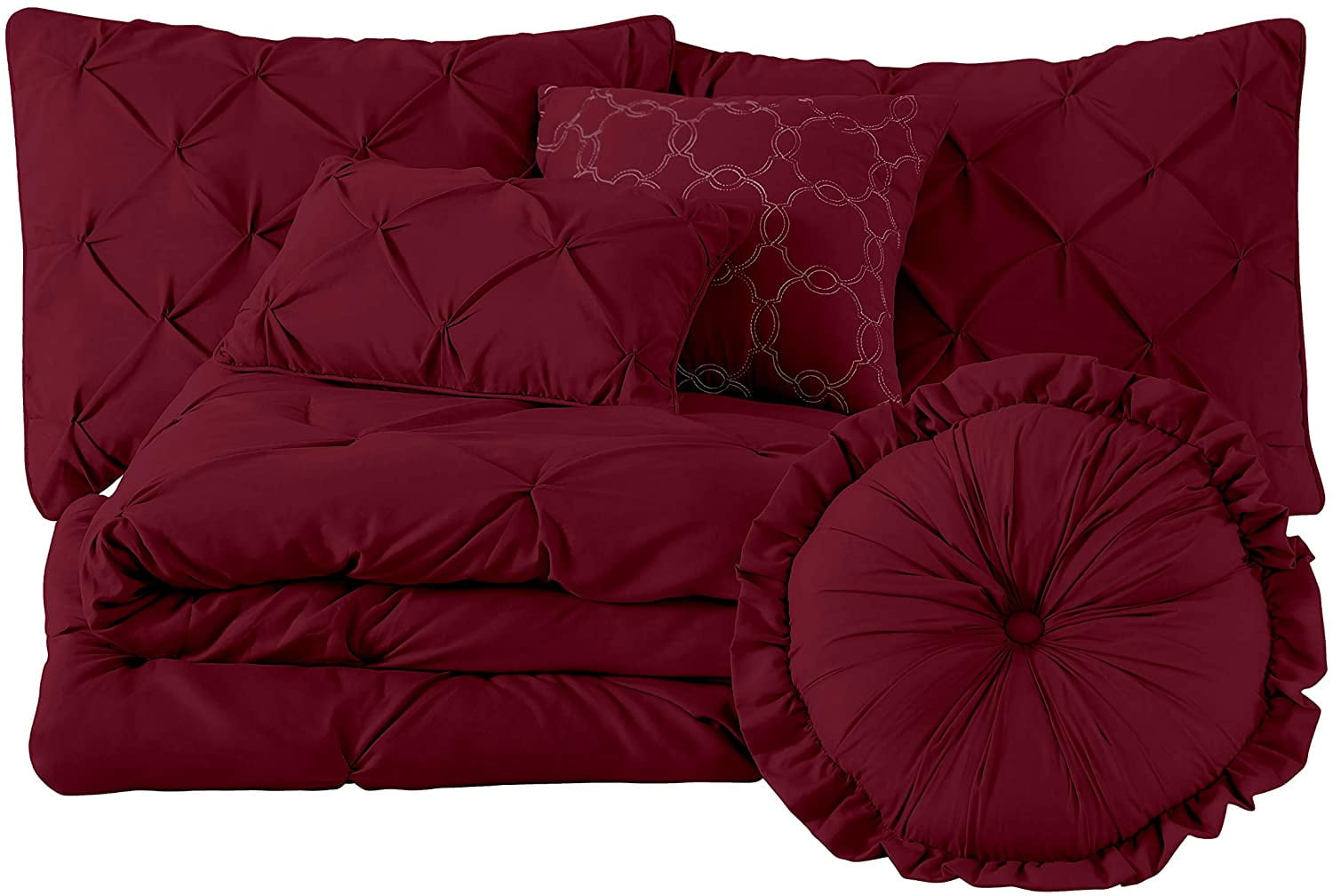 Chezmoi Collection Sydney 7-Piece Pinch Pleat Comforter Set, Lightweight Pintuck Bedding for All Season, King, Burgundy