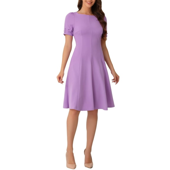 INSPIRE CHIC Women's A-Line Work Square Neck Ruched Short Sleeve Midi Dress XS Lavender