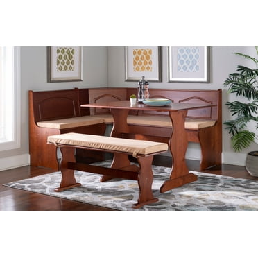 Linon Varden Corner Dining Nook, Bench and Table with 5-Piece Cushion Set, Walnut/Beige