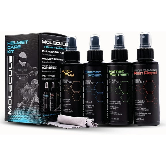 Molecule Helmet Care Kit, Anti-Fog, Cleaner Polish, Refresh, and Rain Repel, Premium Helmet Care, Helmets, Visors, and Goggles, Cleans and Details, 4 Ounces 1 Kit