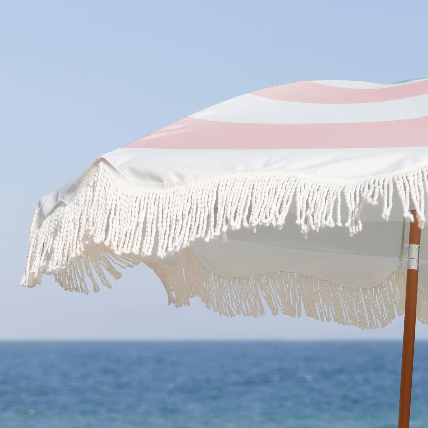 Boho Fringe Umbrella Outdoor Patio, 6.5ft UPF50+ Picnic Umbrella with Tassels with Steel Pole and Push Button Tilt, Pink Stripes