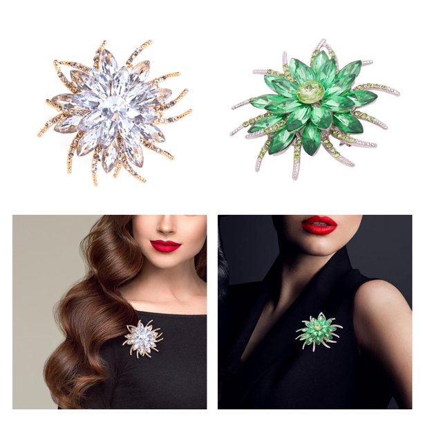2 Uds. Broches de Solapa , Broches Y Pines para Mujer, Broche de Flor Chapado en Aleación de Cristal, Colgante , Verde blanco Fernando broche