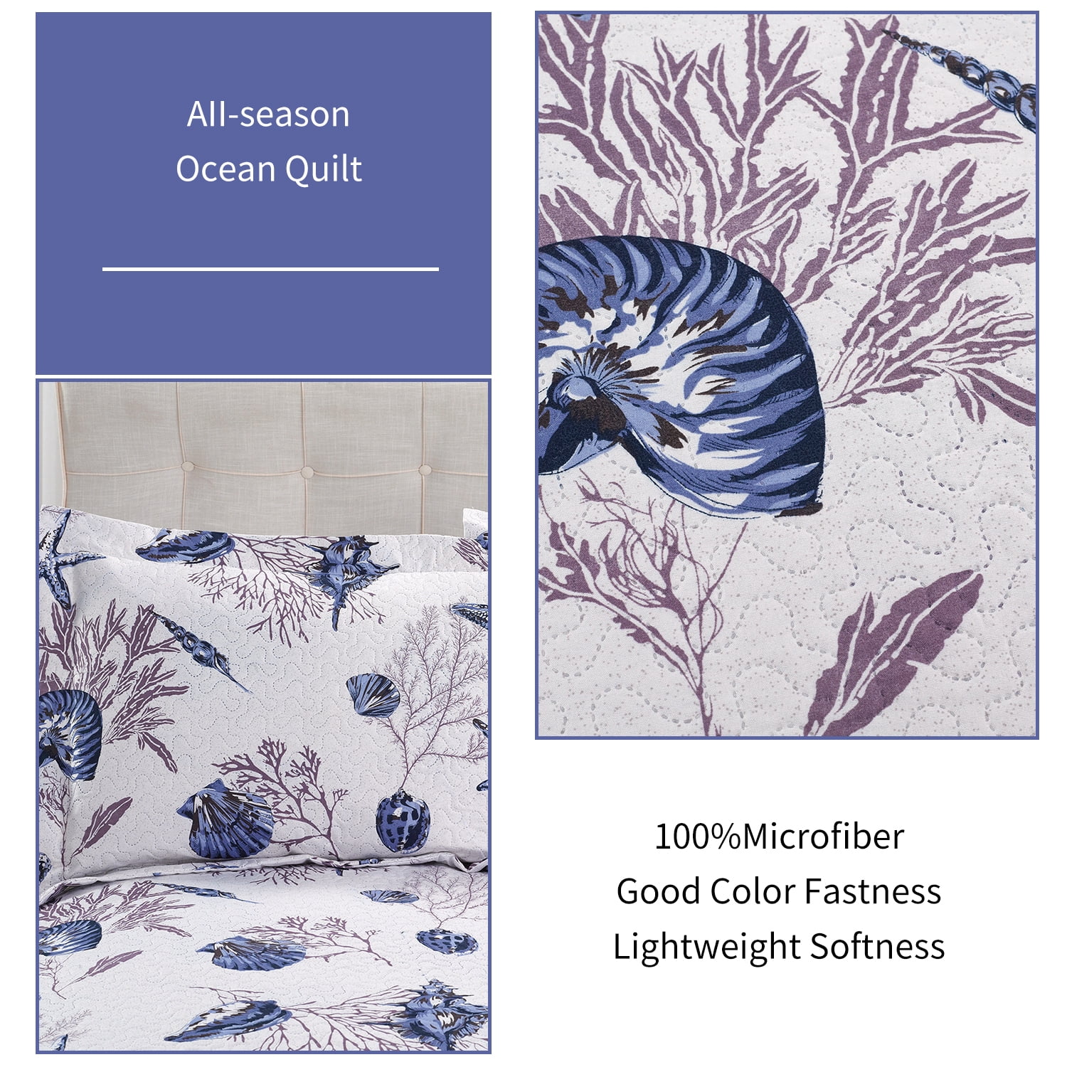 Beartech Ocean Quilt Set King Size White Dark Purple Conch Quilt Lightweight Reversible Microfiber Bedspread Coverlet Cabin Bedding Set