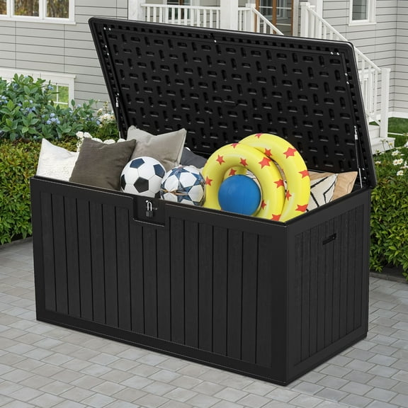 Uforic 150 Gallon Large Outdoor Deck Box, Double-Wall Resin Storage Box with Side Handles, Waterproof & Lockable,Black