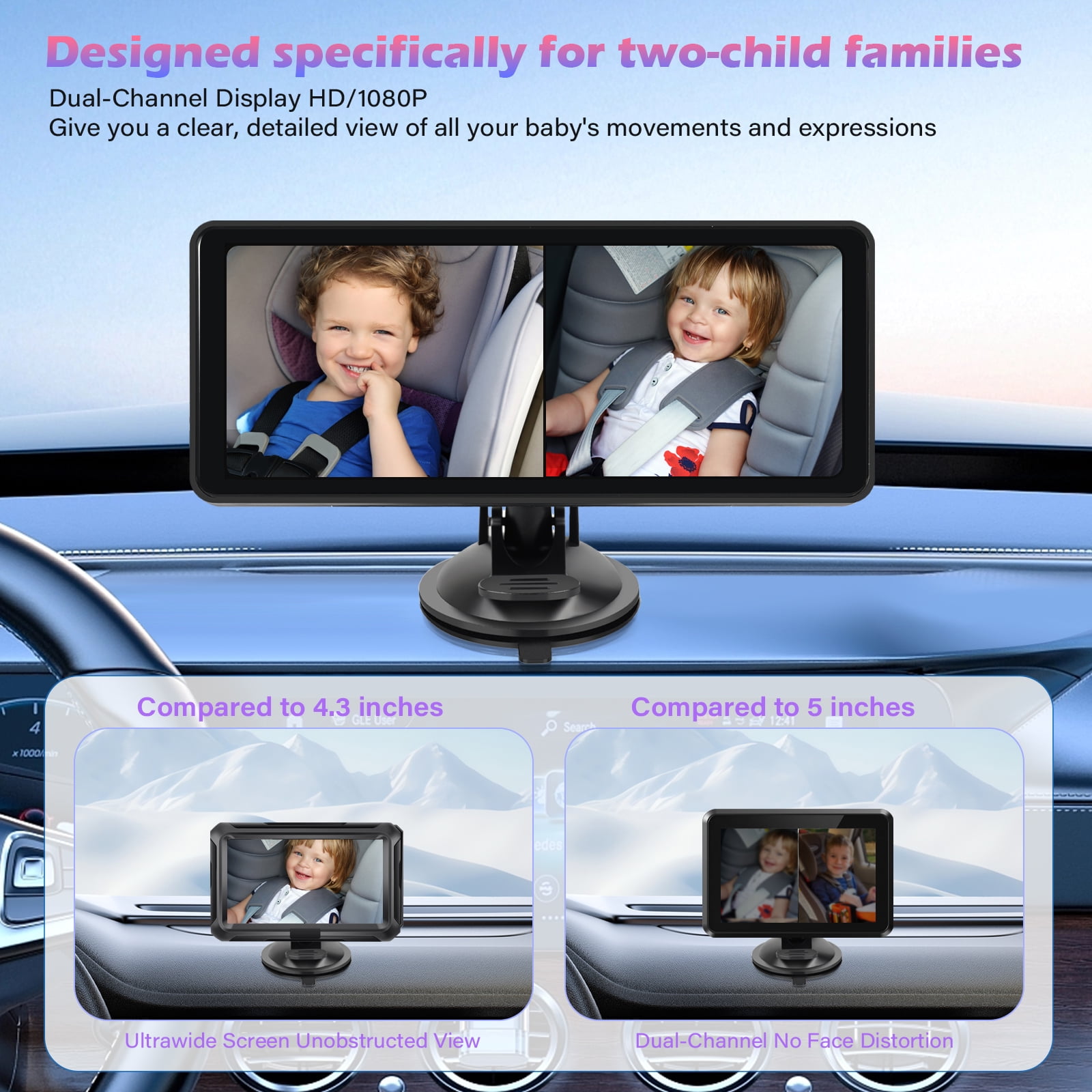 Baby Car Camera for 2 Kids - 6.9-Inch Monitor Easy Setup 360° Rotatable Double HD 1080P Clear Night Vision Car Seat Camera Rear Facing for Twins or Siblings, Safety & Convenience