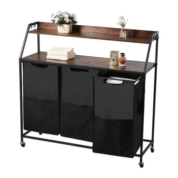 2 Tier Laundry Sorter Hamper - Rolling Laundry Basket with Tabletop, 3 Section 45.2 Gal Organizer, Metal Frame, Oxford Cloth Bags for Clothes