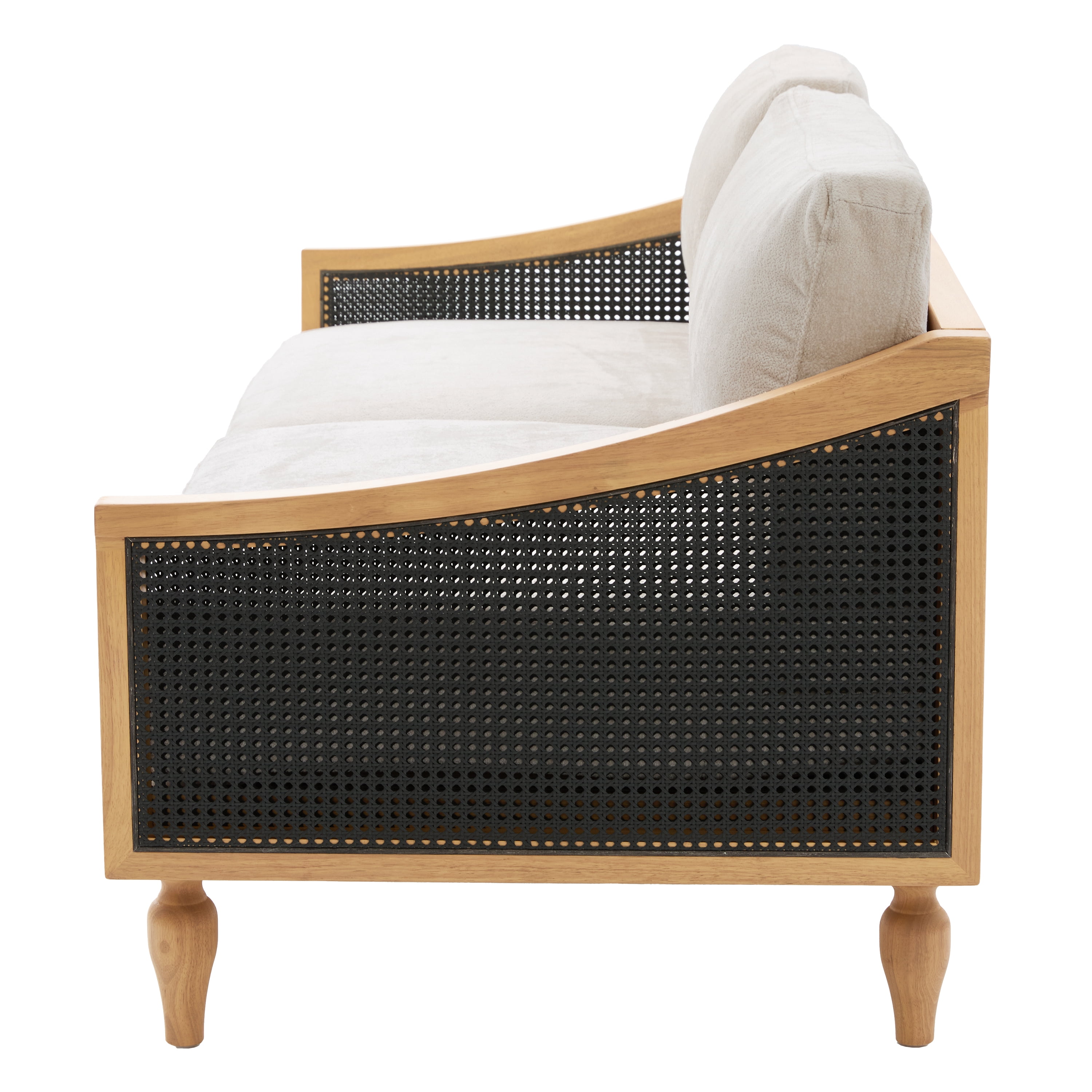 Mid-Century 3-Seater Sofa with Rattan Armrests and Wooden Legs, Chenille Fabric Couch for Living Room and Small Spaces, Black