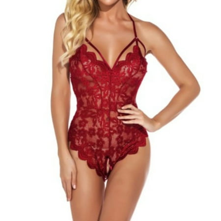 

ALSLIAO Women Sexy Lingerie Deep-V Lace Dress Open Crotch Underwear Bodysuit Sleepwear Red 2XL
