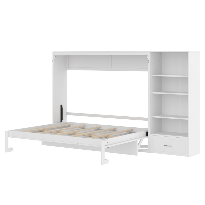 Queen Size Wall Murphy Bed with Adjustable Shelf, All-in-One Storage Bed Frame with Drawer, Folding Platform Bed for Guest Room