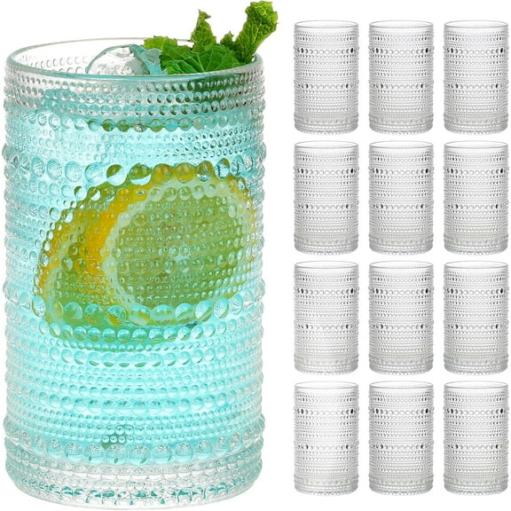 Hobnail Drinking Glasses Set of 12,12 Oz Highball Glasses Clear Embossed Boho Water Glass Cups Kitchen Bar Tumbler Glassware Set for Whiskey, Beer, Juice, Milk and Various Mixed Drinks