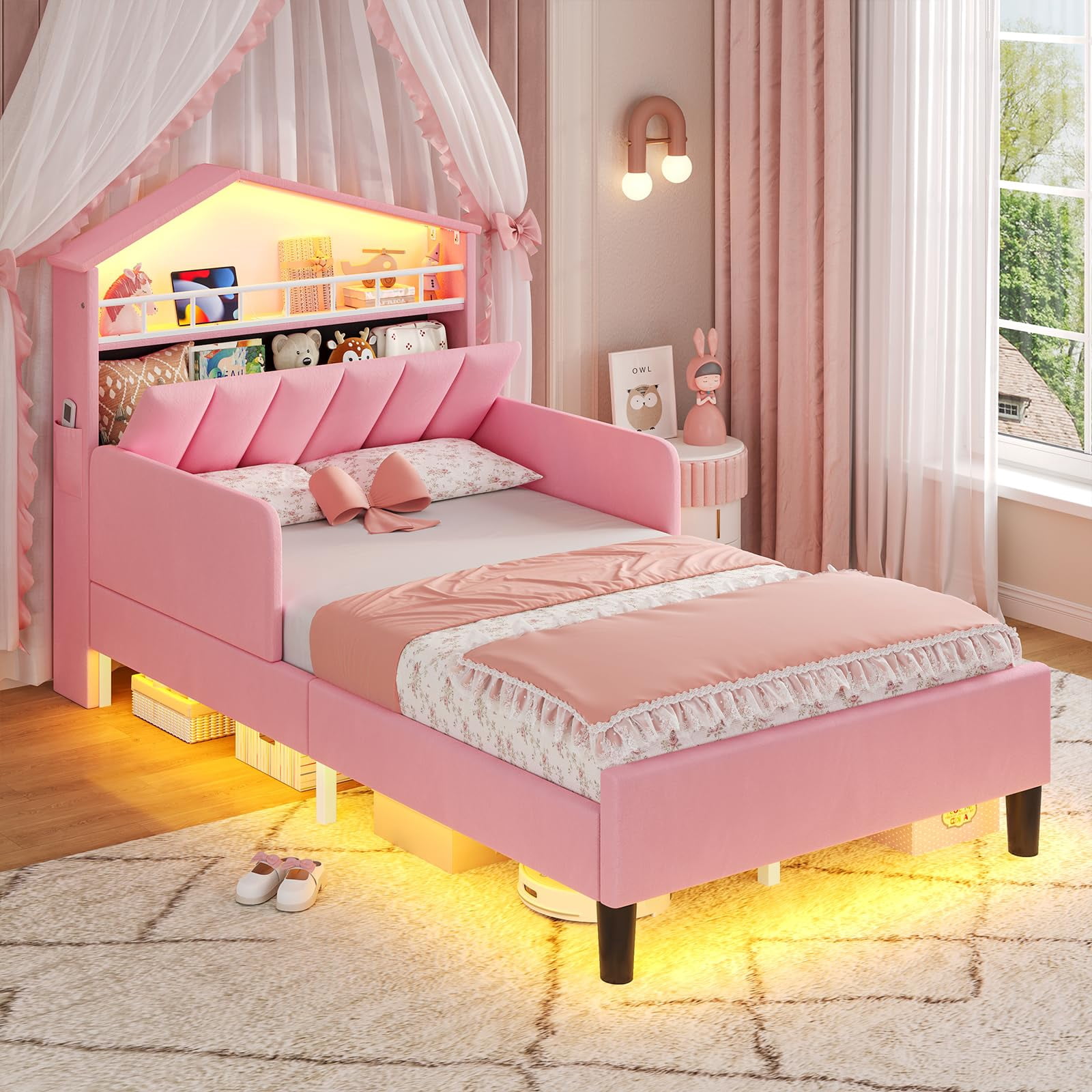 Twin Size Bed Frame with LED Lights,House-Shaped Headboard with Charging Station & Hidden Storage,Velvet Upholstered Platform Bed Twin,Girls Princess Bed with Safety Guardrail,Pink