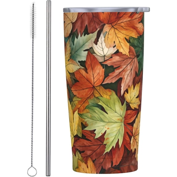 Colorful Autumn Fall Maple Leaves 20oz Stainless Steel Cups, Insulated Stainless Steel Travel Coffee Mug Tumbler With Lid And Straw Durable Coffee Cup Water Bottle For Cold & Hot Drinks