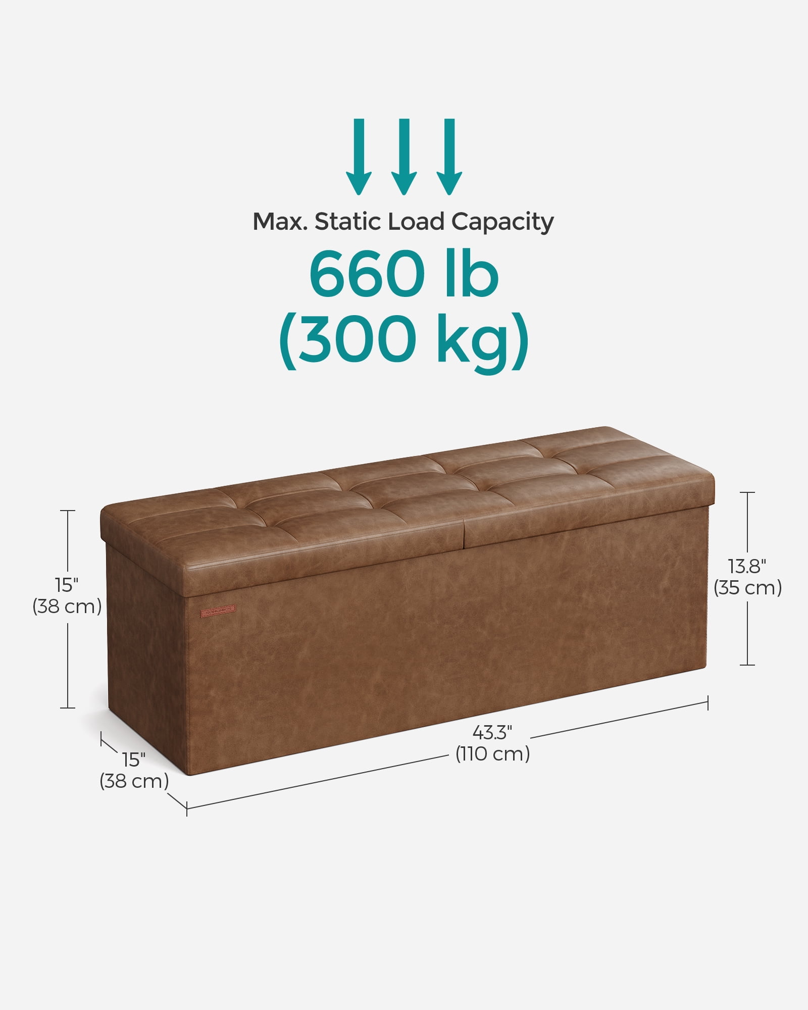 SONGMICS 43" Storage Ottoman Bench Folding Leather Ottoman Storage Footrest Hold up to 660lb Coffee Brown