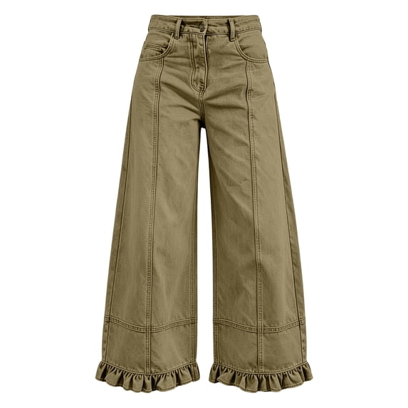 Floleo Women's Wide Leg Denim Pants Ruffle Hem Seam Front Relaxed Fit Casual Long Trousers with Side Pockets for Everyday Wear