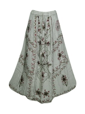 Mogul Gray Womens Flowy A-Line Skirts Floral Embroidered Summer Style Boho Chic Gypsy Ethnic Long Skirts