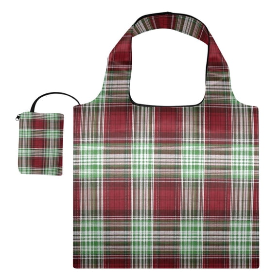 Large Capacity Print Tote Bag,Lightweight Portable Foldable Shopping Bag Red Green White Plaid