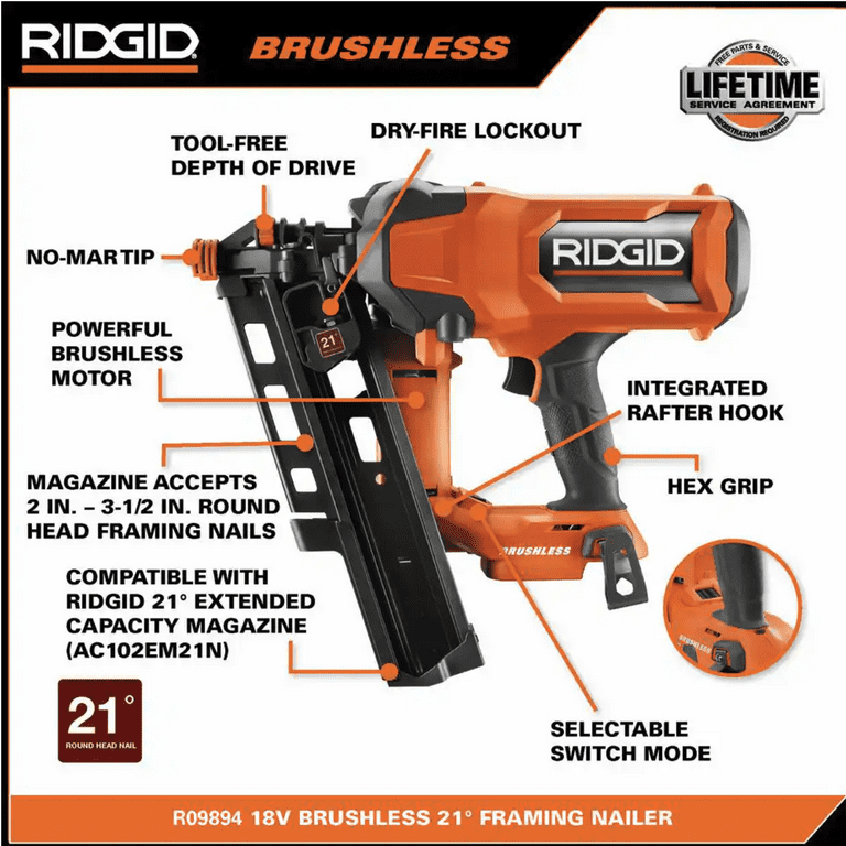 RIDGID 18V Brushless Cordless 21 3 1 2 in. Framing Nailer Tool Only