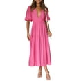 thumbnail image 3 of Caoirhny Women's Summer Casual Midi Dress Solid Color Short Sleeve V Neck Pleated Dresses, 3 of 9