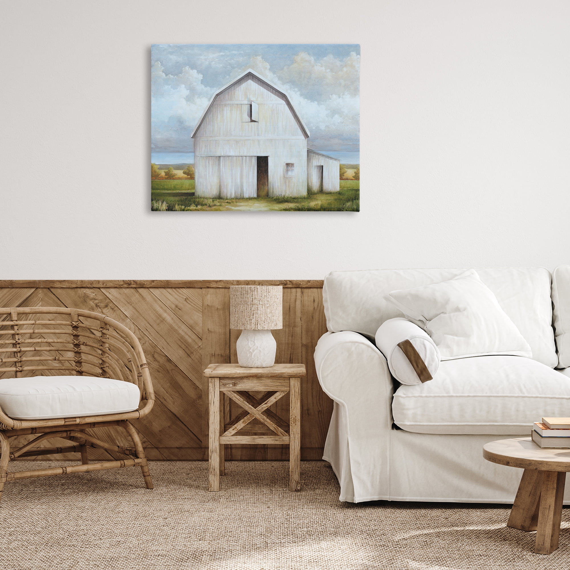 Stupell Industries White Barn with Clouds Landscape Painting Gallery Wrapped Canvas Art Print Wall Art, 40 x 30